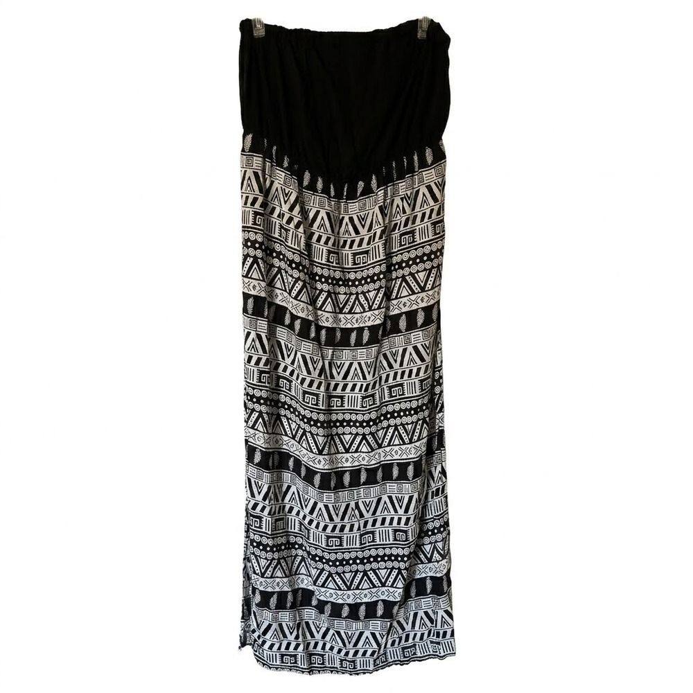 Maxi Boho Tribal Print With Slit Skirt Black White Elastic Waist Plus Size 3X